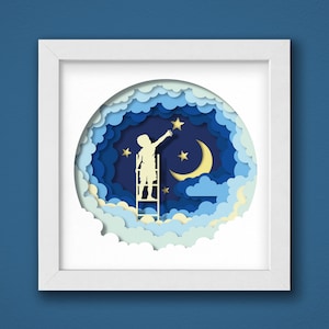 Garçon 3D atteignant les étoiles SVG, papier découpé Shadow Box, fichier SVG en couches pour Cricut, bricolage 3D Shadow Box Art Svg, papier cartonné Svg
