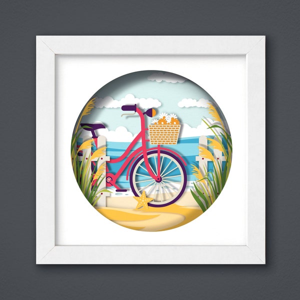 Bike on the Beach Shadow Box, 3D Paper Cut Light Box Template, SVG Digital Download Files, Shadow Box SVG Digital Download Files, For Cricut