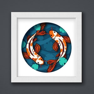 May include: Two orange and white koi fish swimming in a blue circle with green lily pads. The fish are in a paper cut-out style.
