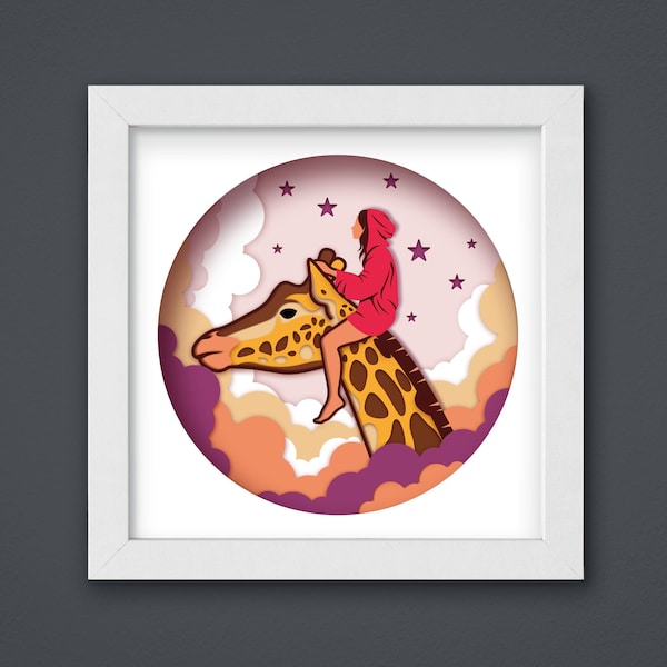 3D Girl Riding Giraffe, 3D Paper Cut Light Box Template, SVG Digital Download Files, Shadow Box SVG Digital Download Files, For Cricut