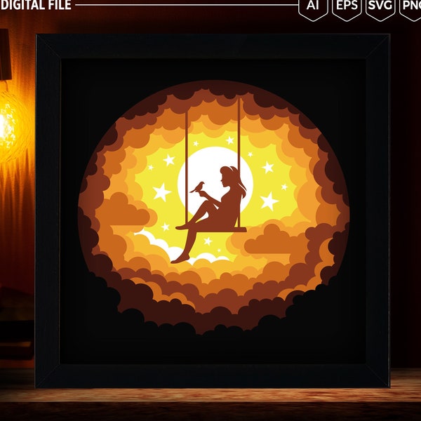Girl in the cloud 3D Paper Cut Shadow Box Template, SVG Digital Download Files, Shadow Box SVG Digital Download Files, Cricut, Lightbox