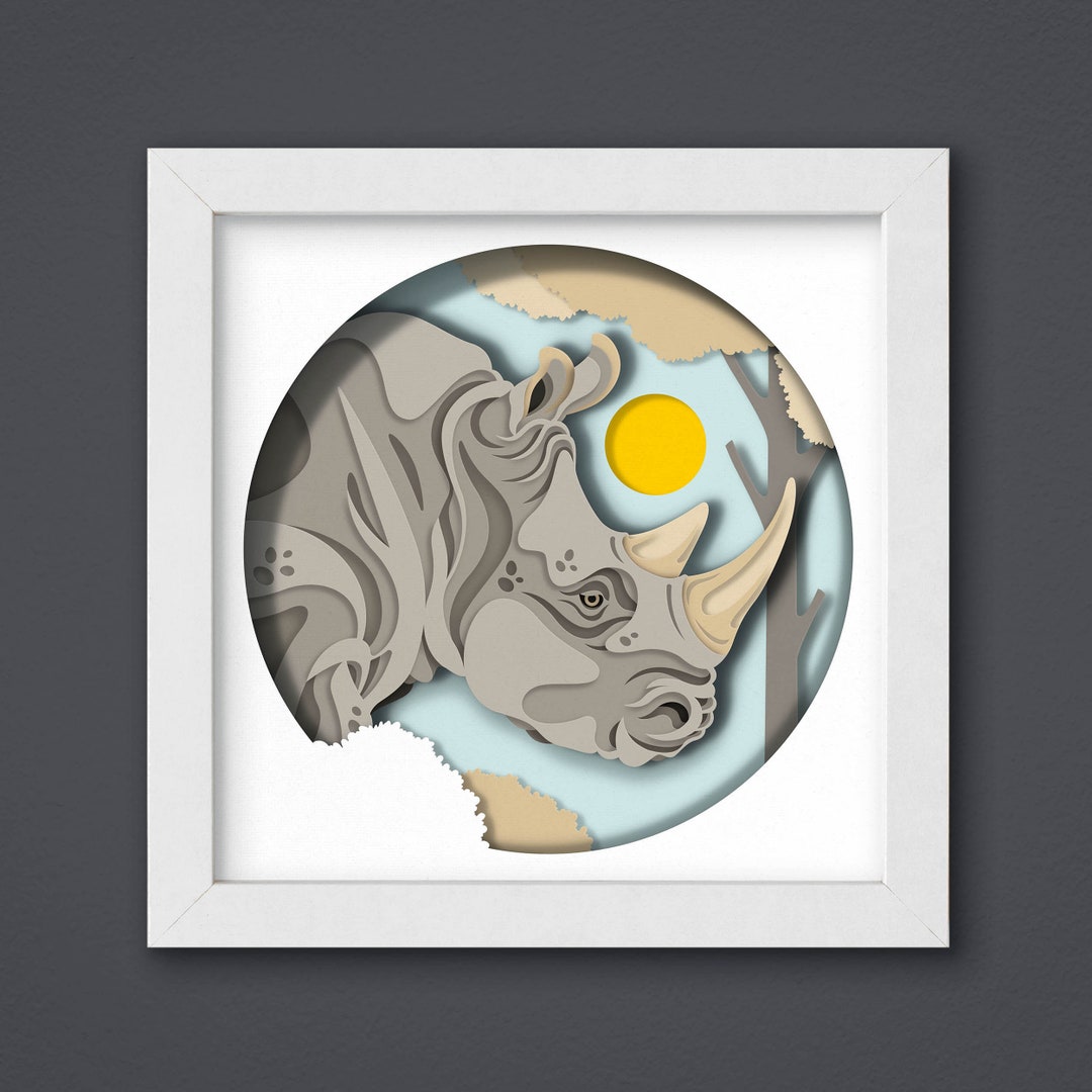 3D Rhino Shadow Box, Rhino Paper Cut, Rhino Svg, Rhino Cut Files, Rhino