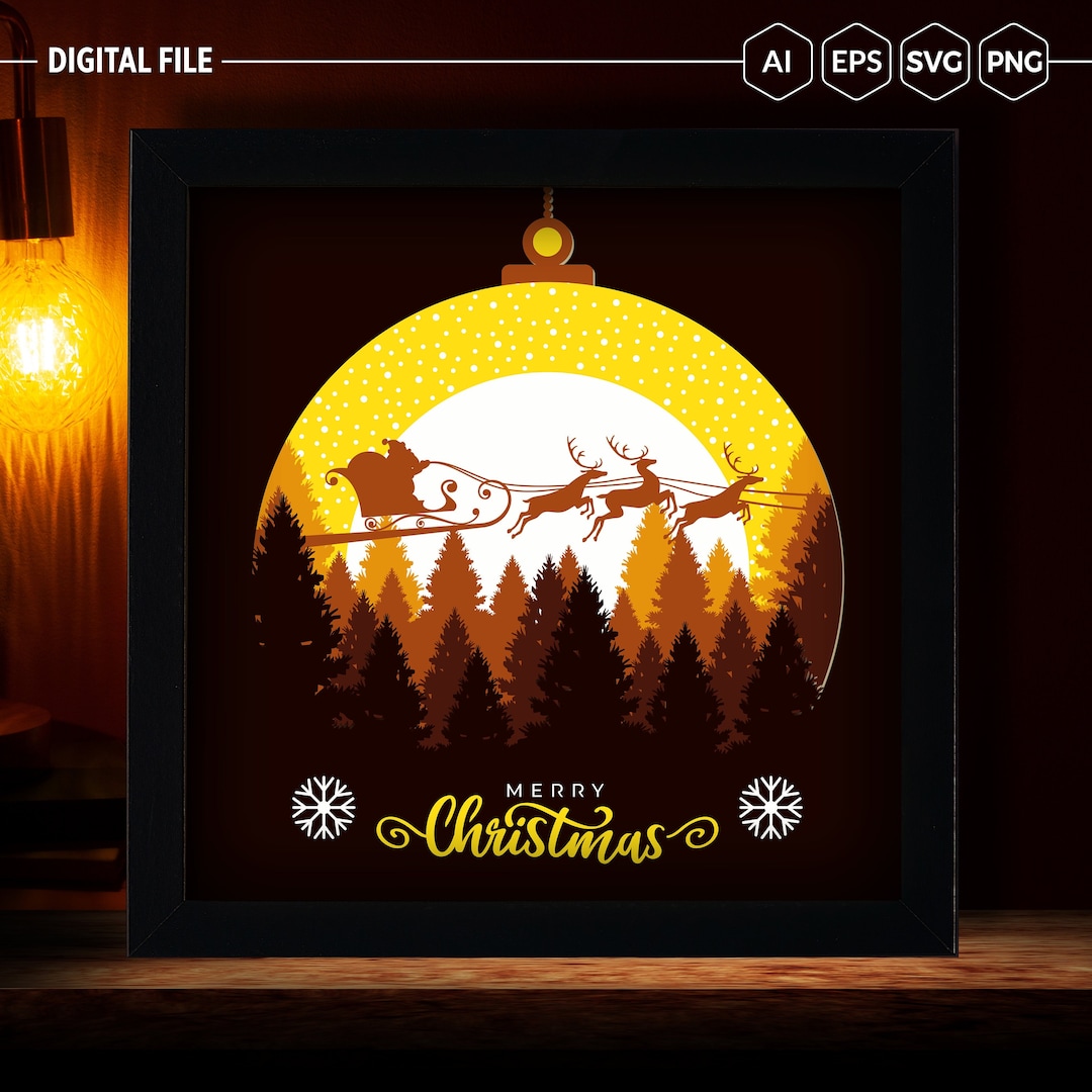 Merry Christmas Light Box Template Files SVG Shadow Box SVG Cricut File