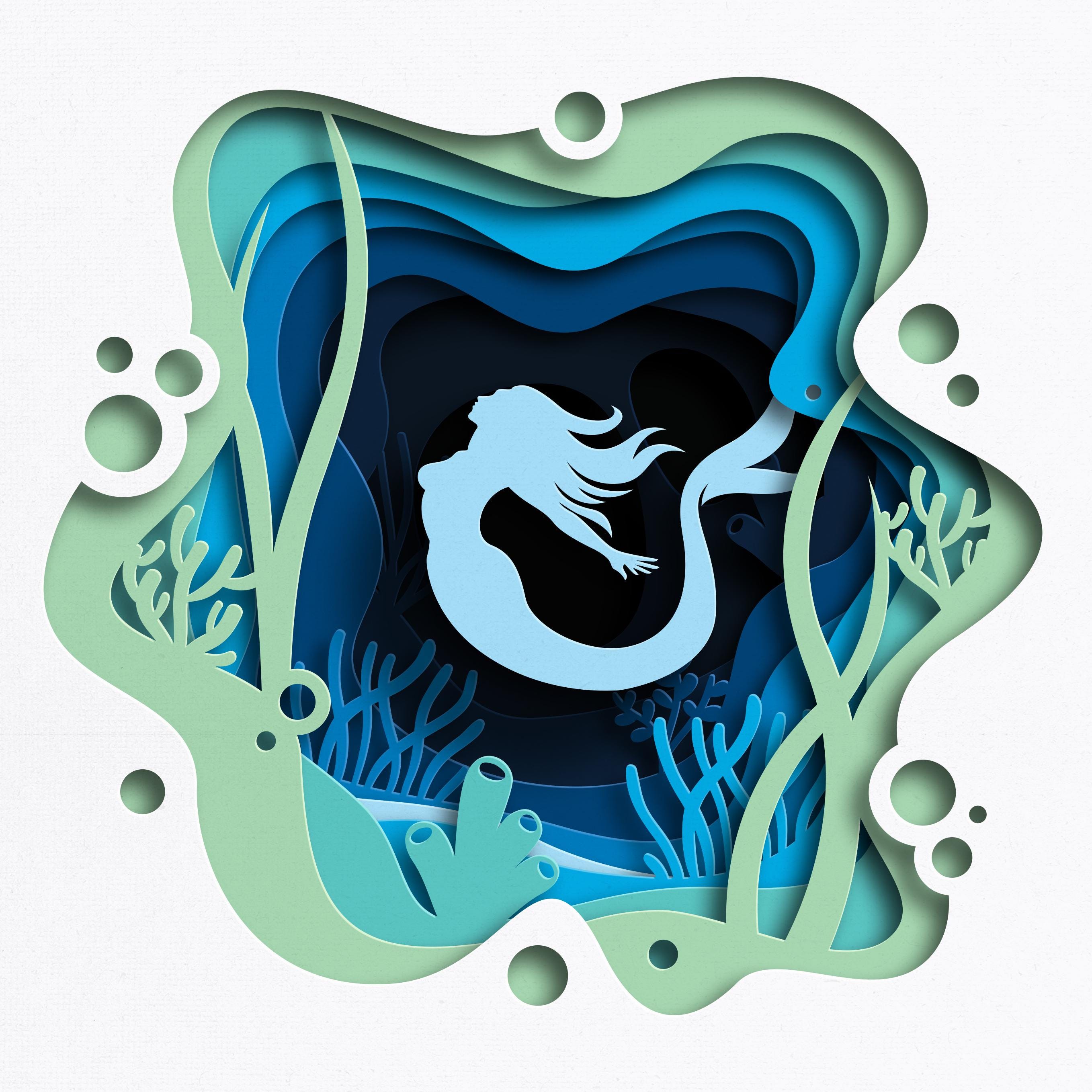 3D Mermaid Shadow Box SVG, Underwater Paper Cut Lightbox (digital ...