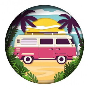 May include: A pink and white vintage camper van with a surfboard on the roof, driving on a sandy beach with palm trees and a yellow sun in the background. The scene is depicted in a paper cut-out style.