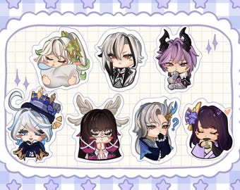 Puede incluir: Una colección de ocho pegatinas de estilo anime con varios personajes con peinados, atuendos y expresiones únicos. Las pegatinas están colocadas sobre un fondo a cuadros de color púrpura claro y blanco con un borde festoneado.