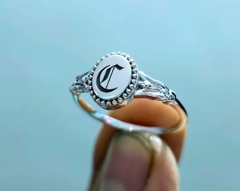 Personalized Gothic Initial Ring, Sterling Silver Custom Signet, Old English Letter