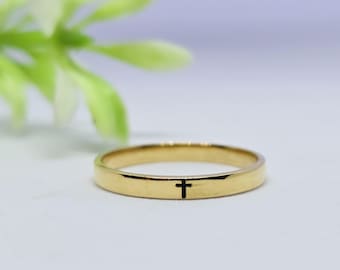 Gold Cross Ring - Sterling Silver Faith Band, Personalized Gift