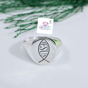 Jesus Fish Signet Ring – Christian Faith Jewelry for Men & Women – Religious Ichthys Symbol Gift – Personalized Christmas Ring - 925 Silver