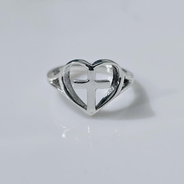 Sterling Silver Cross Heart Ring, Promise Ring , Christmas Day Gift