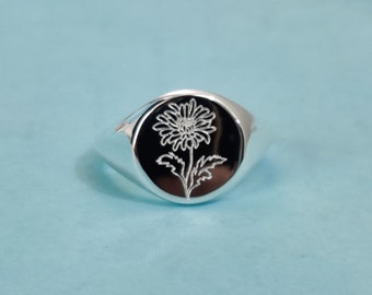 Personalized Birth Flower Ring, 925 Silver Signet Jewelry, Gift for Her, Sunflower Ring, Gift for mom, Mothers Day Gift, women Silver rings,