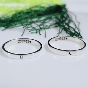 Couple Rings Sun Moon Design Personalized Silver Ring, Celestial Engraved Bands for Lovers, Personalized Engraved Rings for Romantic Gifts