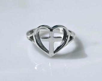 Sterling Silver Heart Cross Ring, Christian Jewelry