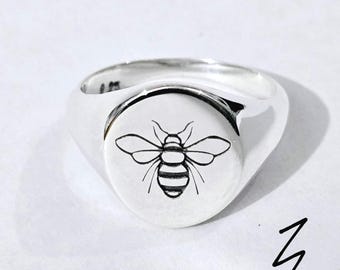 Engraved Bee Signet Ring • Sterling Silver, Nature Lover Gift