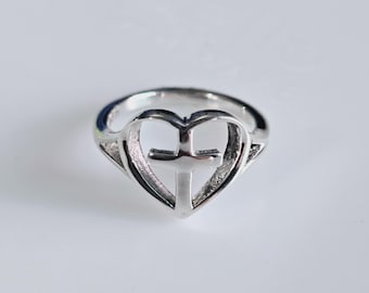 Sterling Silver Heart Cross Ring, Dainty Christian Jewelry