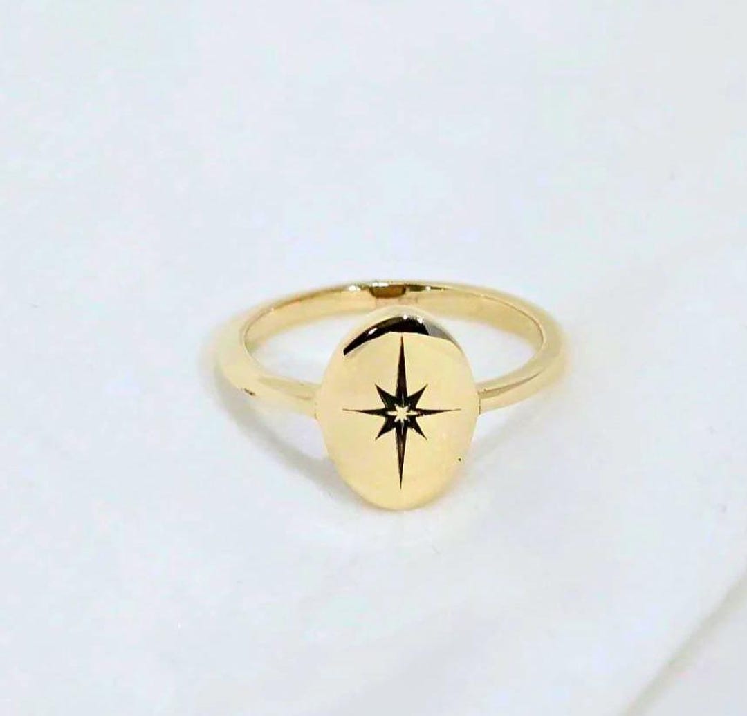 18k Gold Starburst Ring: Engraved North Star, Sterling Silver Celestial ...