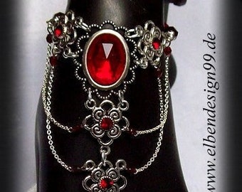 Hand jewelry Elbendesign99 Armjewelry with ruby red rhinestones Victorian slave bracelet Steampunk Gothic