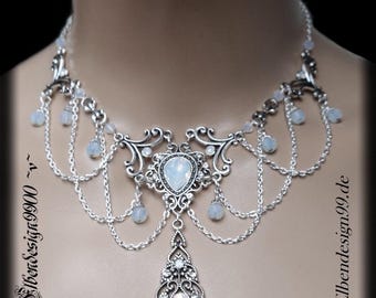 Collar de opalita Elbendesign99, joyería nupcial élfica con pedrería, bruja gótica, collar de filigrana, collar élfico, piedra lunar, renacimiento