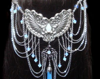 Horquilla Elbendesign99, collar para el pelo con pedrería de ópalo, joya victoriana para el pelo, boina gótica Steampunk, alas, pieza única, fantasma blanco