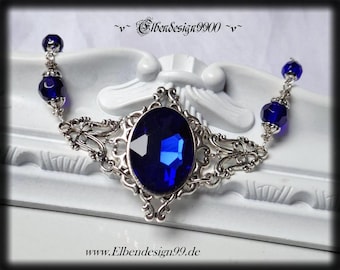 Bracelet with dark blue glass stone, arm jewelry, glass beads, Victorian hand jewelry, Steampunk, Gothic, Queen, Renaissance, Goth, Avant-garde