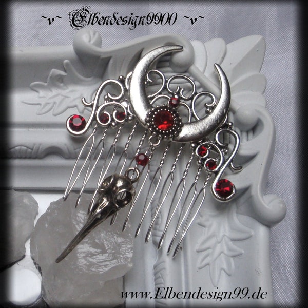 Peigne à cheveux Elbendesign99 peigne enfichable avec strass rouge foncé Accessoires pour cheveux victoriens Steampunk Gothic Birdskull