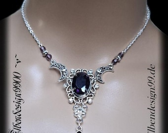 Collar de tres lunas de Elvendesign99, collar victoriano con gema de cristal morado oscuro, collar de bruja gótica steampunk, fases lunares