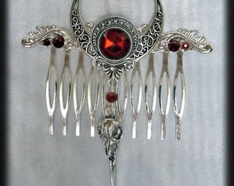 Peigne à cheveux Elbendesign99, peigne à cheveux orné de strass rouge foncé, accessoire de coiffure victorien, Steampunk, Gothique, Crâne d'oiseau, Wicca, païen, sorcière