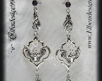 Pendientes de vampiro, pendientes colgantes con murciélagos, candelabros victorianos, Steampunk, gótico, violeta, vanguardista, gotas de cristal púrpura