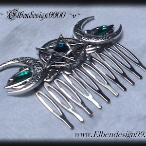Hair comb Elbendesign99 clip-on comb emerald Navette moon phases Celtic hair accessories Gothic dark green Wicca pagan witch pentagram