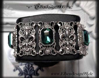Pulsera Elbendesign99, joyería para el brazo con flores de lis francesas, joyería victoriana para la mano, estilo Steampunk gótico, piedras rectangulares color esmeralda