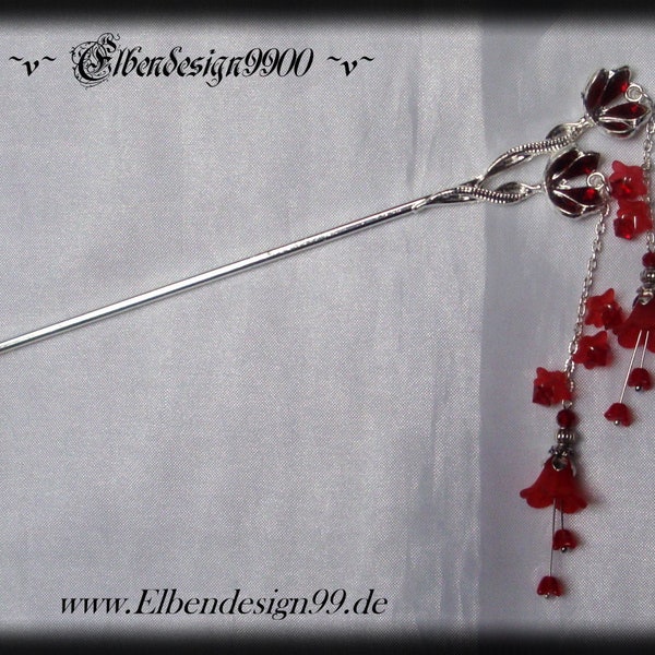 Haarpin Blüten Wicca pagan Hexe hairstick Haarstab Gothic Göttin Haarschmuck für Dutt Renaissance dunkelrote Strasssteine Blütenkelche