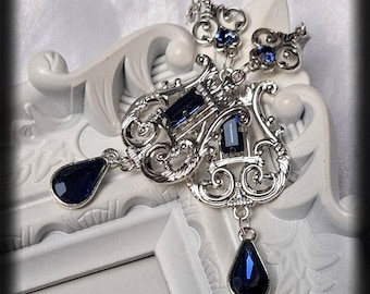 Pendientes Elbendesign99, pendientes de botón con pedrería azul Montana, pendientes colgantes victorianos, joyería nupcial Steampunk, flor de lis renacentista