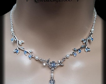 Gargantilla nupcial élfica, diseño élfico99, zarcillos de hojas con diamantes de imitación azul zafiro, collar de joyería nupcial gótica steampunk