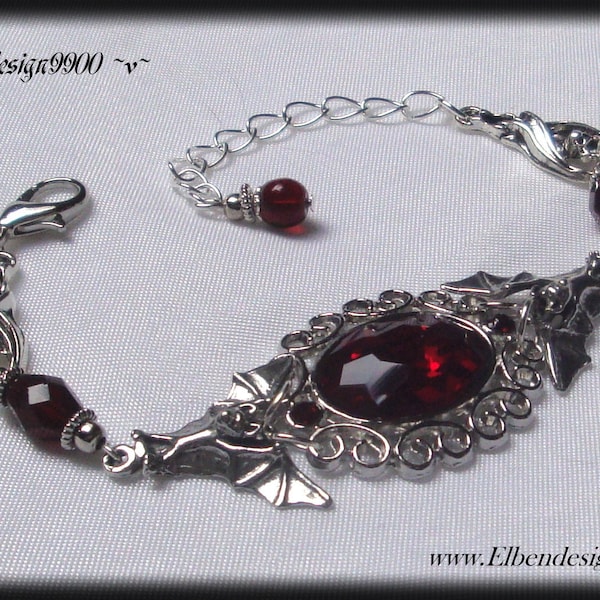 Armband Vampir Elbendesign99 Armschmuck mit dunkelroten Strasssteinen und Fledermäusen Handschmuck Steampunk Gothic