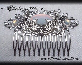 Peineta de tres lunas con piedra de cristal marquesa opalescente, joyería para el cabello victoriana, joyería nupcial gótica Steampunk, piedra lunar, vampiro