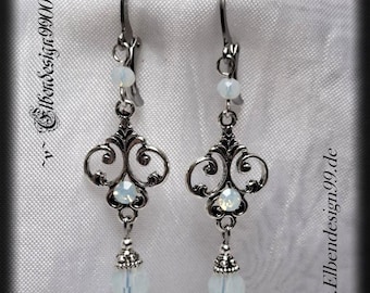 Pendientes de flor de lis, pendientes de diamantes de imitación de opalita, estilo candelabro victoriano, steampunk, gótico, piedra lunar, vanguardia, renacimiento