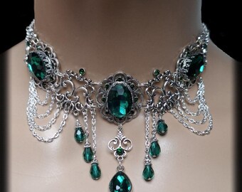 Collar victoriano Collier Emerald French Lily con diamantes de imitación de color esmeralda Gargantilla Steampunk Empire Queen