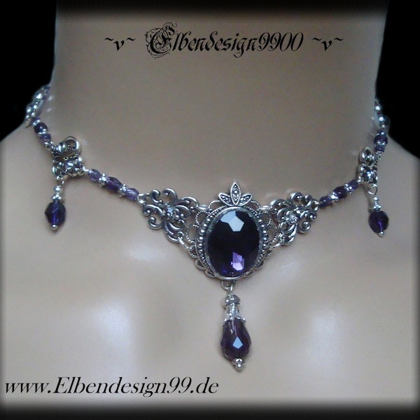 Collier French Lily Victorian necklace with dark purple rhinestones Steampunk Gothic witch necklace Fleur de Lys purple