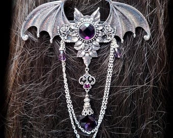 Pinza para el cabello Elbendesign99 boina amatista pedrería bola de vampiro accesorio victoriano para el cabello Steampunk gótico murciélago violeta