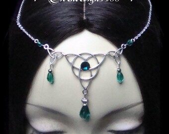 Tiara élfica con diseño de nudo celta 99 con diamantes de imitación de color esmeralda, joyería para el cabello de bruja gótica celta, trisquel wiccano