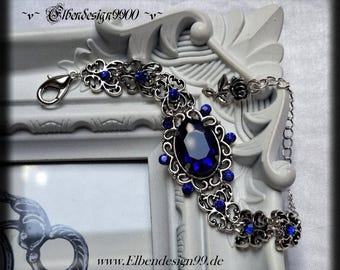 Pulsera, joyería nupcial, joyería para el brazo con piedra de cristal facetado azul medianoche, joyería de mano victoriana, Steampunk, gótica, renacentista, vanguardia