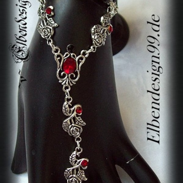 Hand Jewelry Roses Elven Design99 Arm jewelry with dark red rhinestones Victorian slave bracelet Steampunk Gothic
