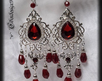 Pendientes victorianos con piedras en forma de lágrima de color rojo oscuro, pendientes largos, joyería de boda estilo gótico burlesco Steampunk Queen