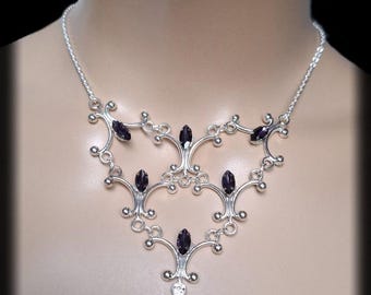 Victorian Marquise necklace with dark purple rhinestones, Steampunk Gothic Witch necklace, Avant-garde, unique piece