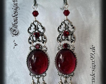 Pendientes victorianos con piedras de cristal rojo oscuro, pendientes largos colgantes, joyería de boda victoriana estilo burlesco gótico steampunk Queen