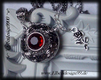 Halsschmuck Medaillon Rose Elben Collier mit dunkelrotem Strassstein  Gothic Hexe Halskette Wicca