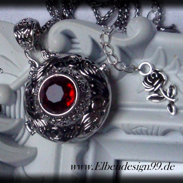 Halsschmuck Medaillon Rose Elben Collier mit dunkelrotem Strassstein  Gothic Hexe Halskette Wicca