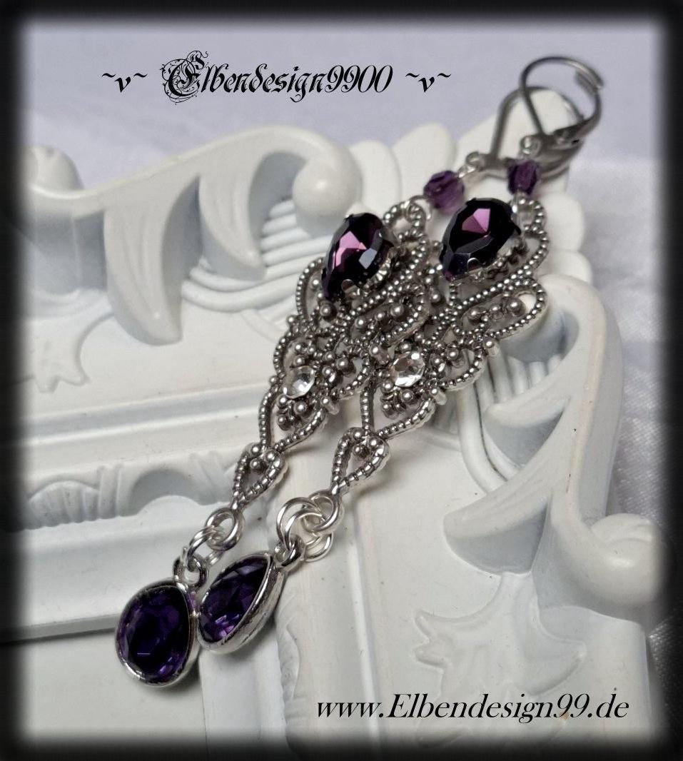Orecchini Pendenti Lunghi In Piuma Viola - Handmade, Nuovo