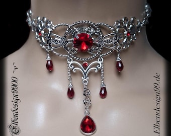 Gargantilla Rubí, collar victoriano único con diamantes de imitación rojo oscuro, collar de filigrana de bruja gótica Steampunk, renacimiento