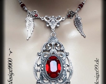 Collier viktorianischer Halsschmuck mit rubinroten Strasssteinen  Steampunk Gothic Hexe Halskette Renaissance Flügel fleur de lys UNIKAT
